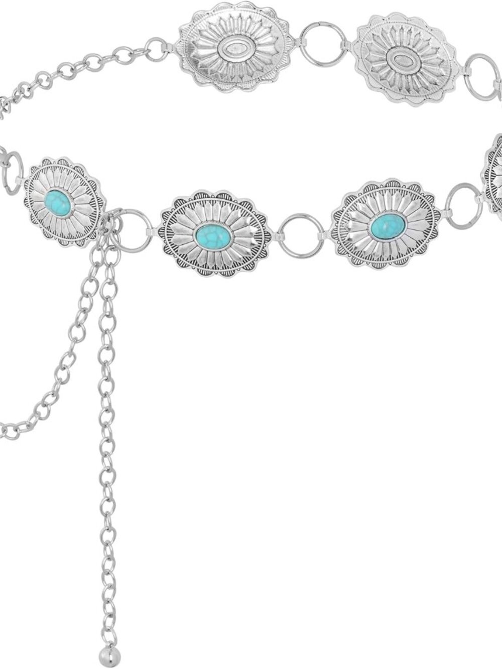 Turquoise Western Concho Chain Belt for Women Cowgirl Cowboy Metal Waist Link Ch